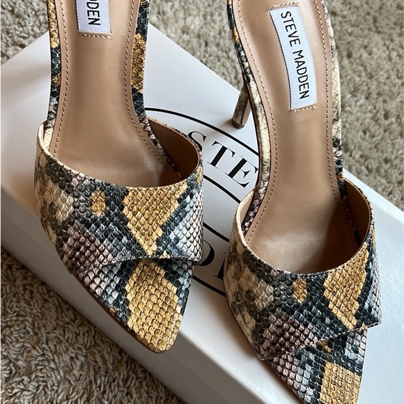 Steve Madden Shoes - Steve Madden Snake-Print Yellow Black Open-Toe Stiletto Heels